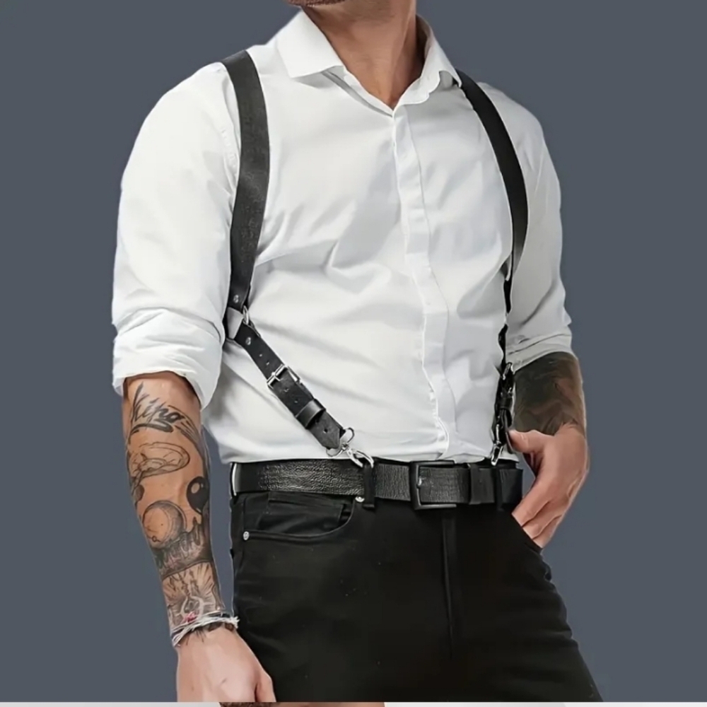 Men's Black PU Leather adjustable Suspenders